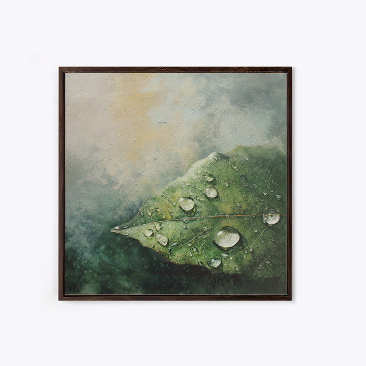 Rain Drops on a Large Green Leaf Canvas Print, Nature Art, Textured Painting, Living Room Decor, Oil Painting, Nature, NAT-1x1-81