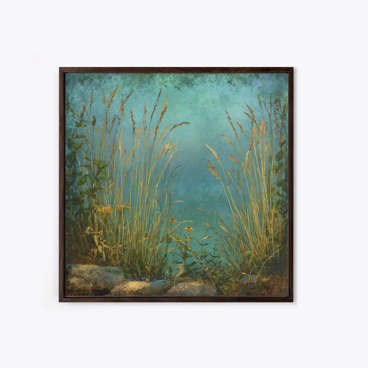 Sunrise Through Tall Grass and Wildflowers Framed Canvas Print, Nature Art, Statement Artwork, Living Room Decor, Oil Painting, NAT-1x1-83