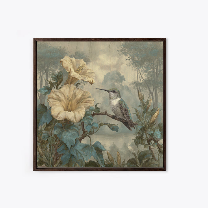 Hummingbird Beside Bright Trumpet Flowers Framed Canvas Print, Nature Art, Ocean Art, Living Room Decor, Fine Art, Nature, NAT-1x1-84