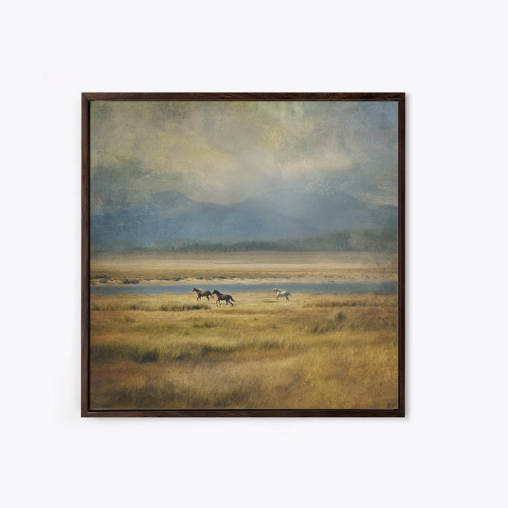 Wild Horses Running Near Mountain Ridge Canvas Print, Nature Art, Landscape Print, Living Room Decor, Fine Art, Nature, NAT-1x1-94