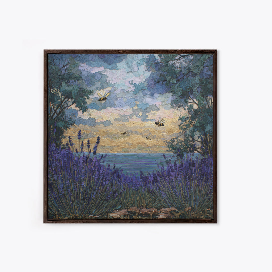 Bees Circling Lavender Blossoms Canvas Print, Nature Art, Neutral Decor, Living Room Decor, Fine Art, Nature, Wall Art, NAT-1x1-95