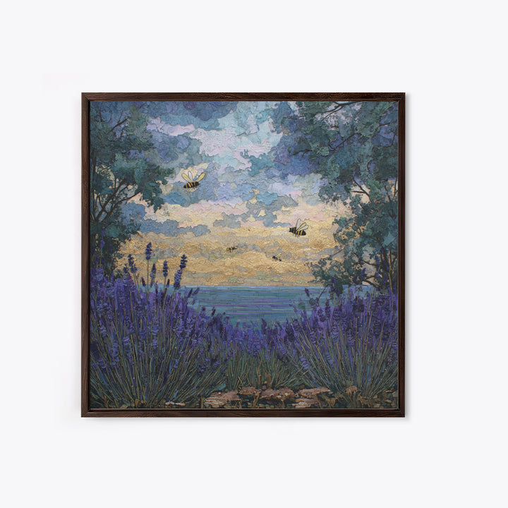 Bees Circling Lavender Blossoms Canvas Print, Nature Art, Neutral Decor, Living Room Decor, Fine Art, Nature, Wall Art, NAT-1x1-95