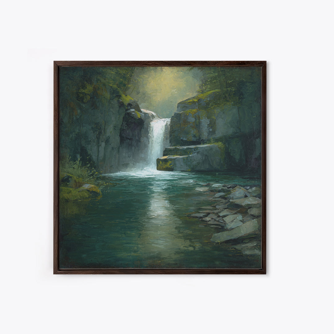 Waterfall Hidden Among Dark Green Rocks Canvas Print, Nature Art, Wall Art, Living Room Decor, Fine Art, Nature, Wood Wall Art, NAT-1x1-99
