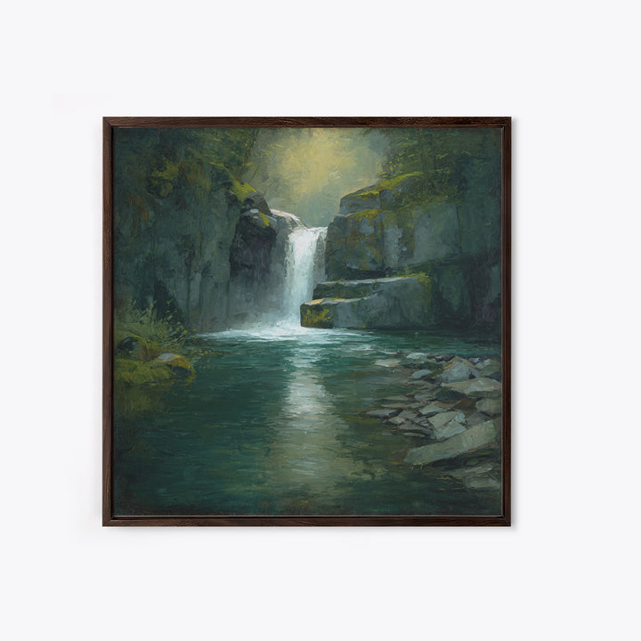 Waterfall Hidden Among Dark Green Rocks Canvas Print, Nature Art, Wall Art, Living Room Decor, Fine Art, Nature, Wood Wall Art, NAT-1x1-99