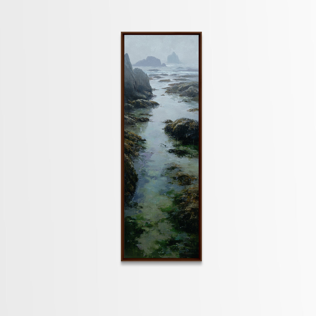 Calm Beach Tide Pooling Around Rocks Canvas Print, Nature Art, Boho Decor, Living Room Decor, Oil Painting, Nature, Wall Decor, NAT-1x3-12