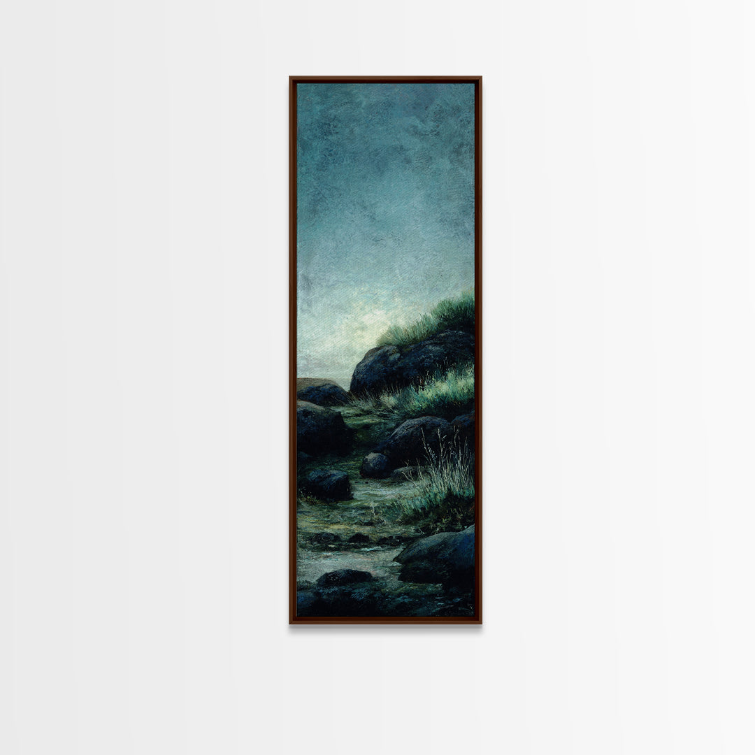 Waterfall Hidden Among Dark Green Rocks Framed Canvas Print, Nature Art, Home Decor, Living Room Decor, Abstract Art, Nature, NAT-1x3-15