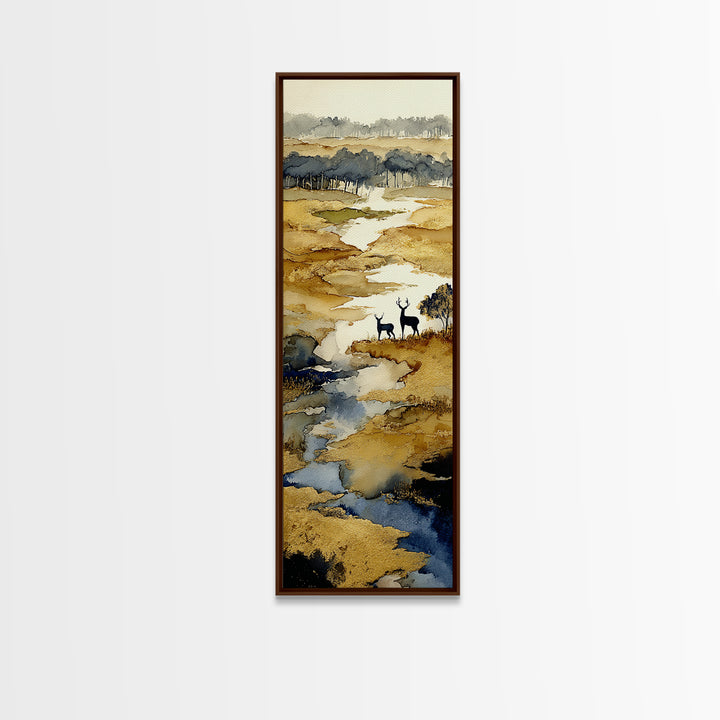 Deer Standing in a Golden Field Framed Canvas Print, Nature Art, Luxury Decor, Living Room Decor, Fine Art, Nature, Mushroom, NAT-1x3-20