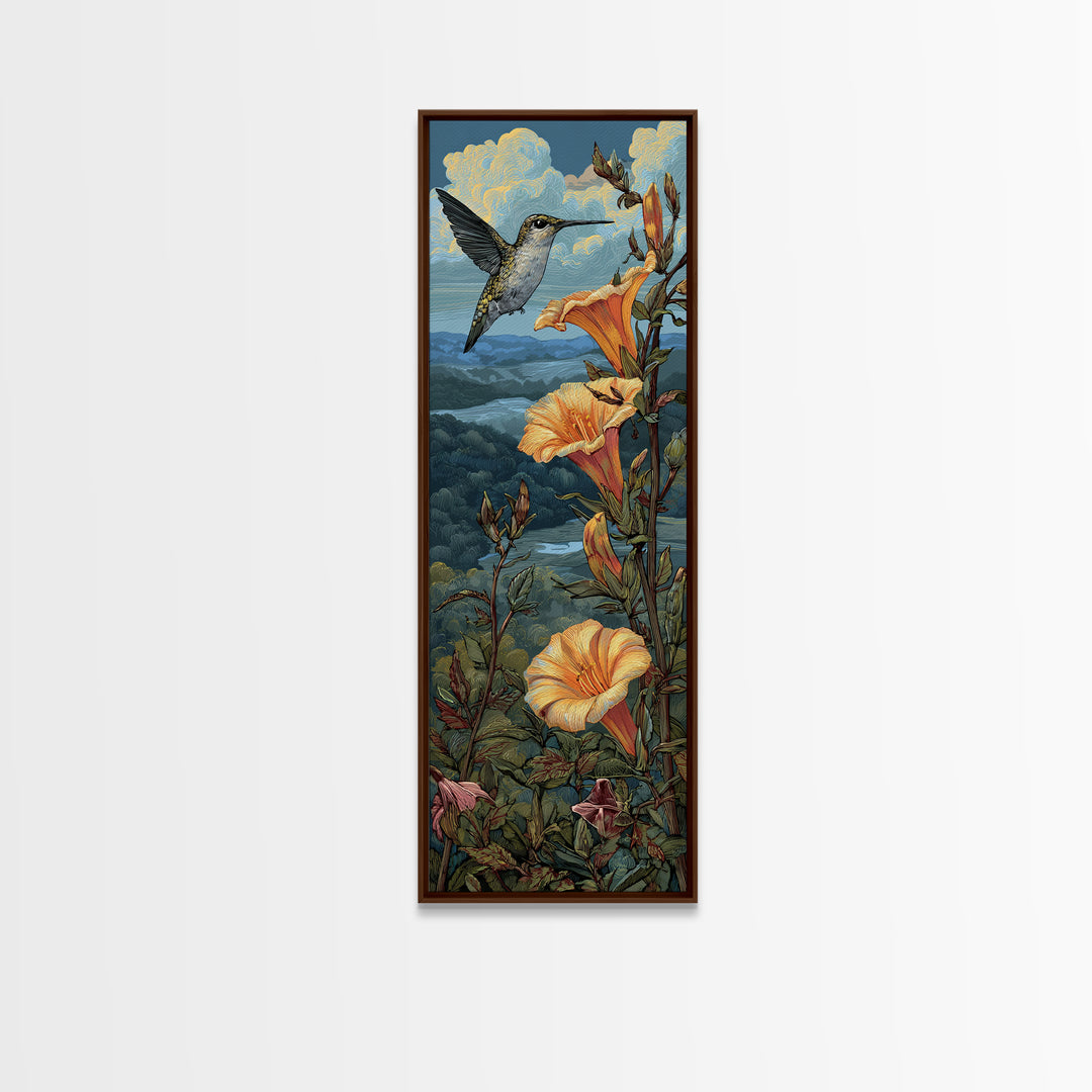 Hummingbird Beside Bright Trumpet Flowers Framed Canvas Print, Nature Art, Art Print, Living Room Decor, Oil Painting, Nature, NAT-1x3-24
