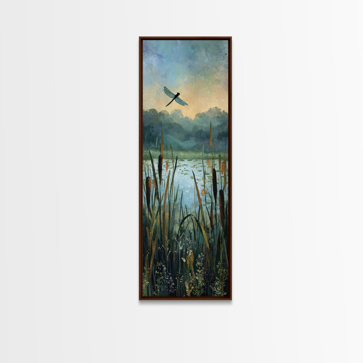 Dragonfly over a Pond with Reeds Framed Canvas Print, Nature Art, Botanical Art, Living Room Decor, Oil Painting, Nature, NAT-1x3-30