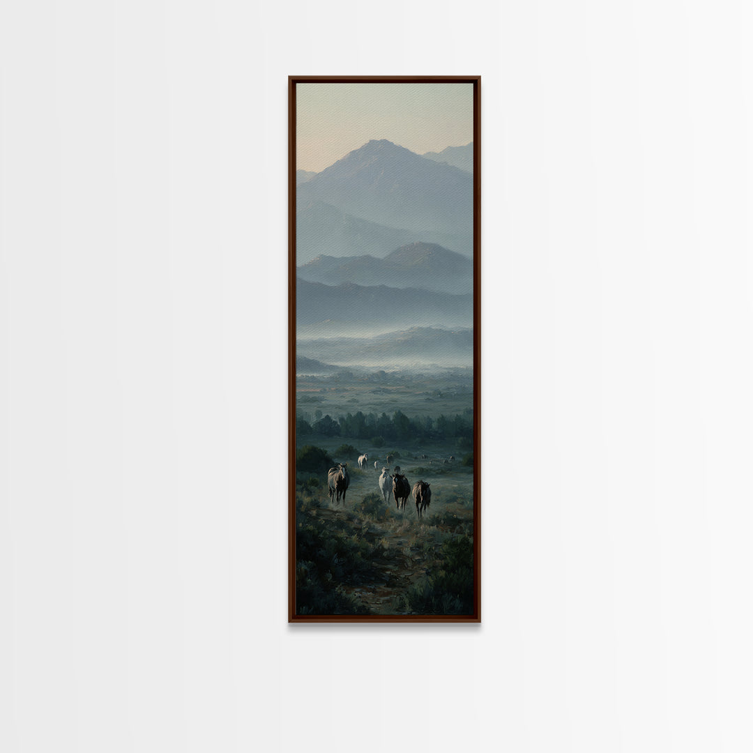 Wild Horses Running Near Mountain Ridge Framed Canvas Print, Nature Art, Digital Download Art, Living Room Decor, NAT-1x3-34