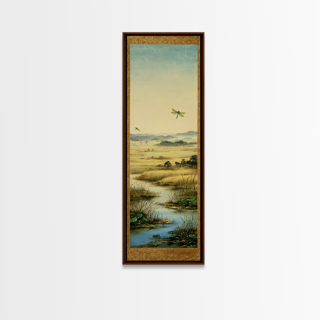 Dragonfly over a Pond with Reeds Framed Canvas Print, Nature Art, Botanical Art, Living Room Decor, Oil Painting, Nature, NAT-1x3-54