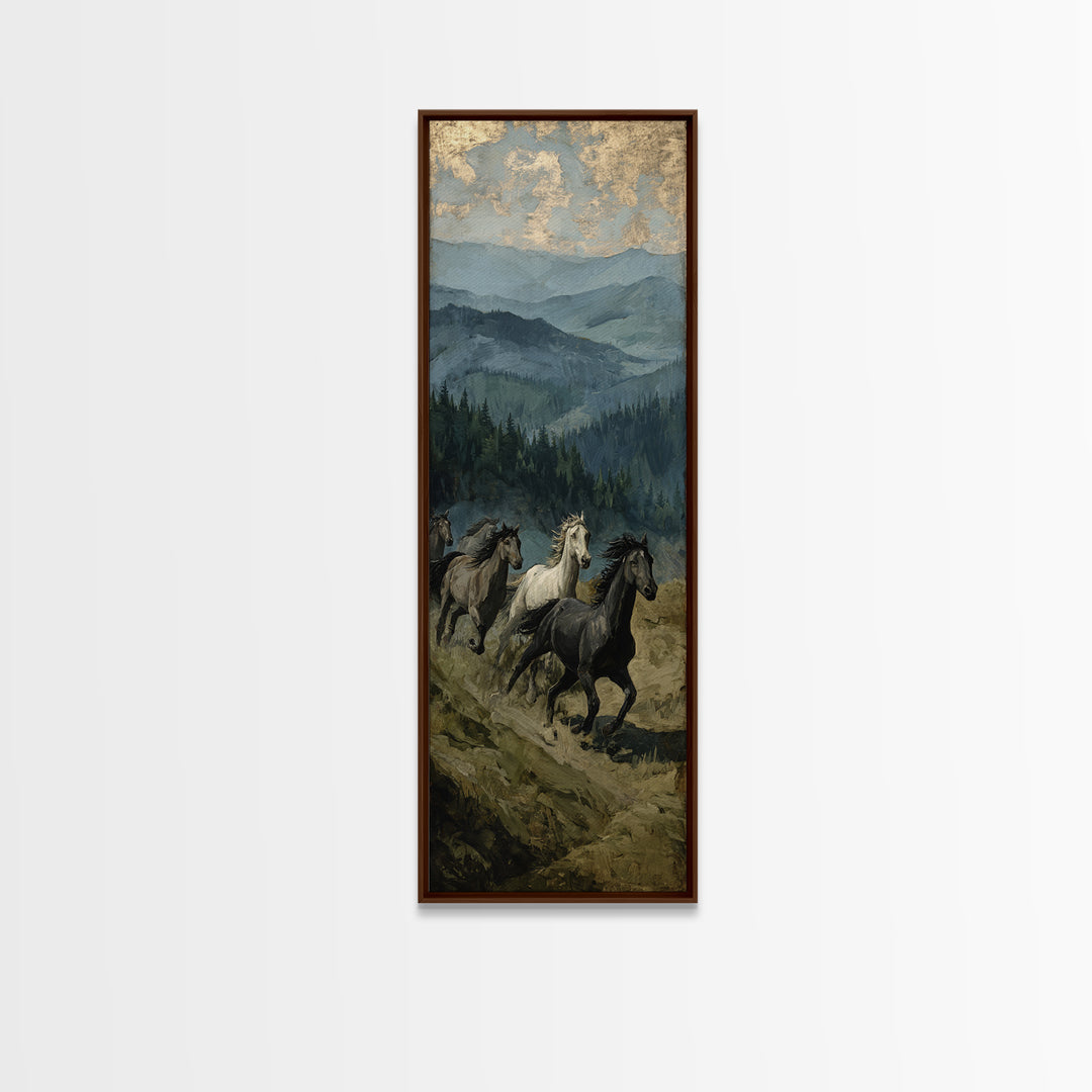 Wild Horses Running Near Mountain Ridge Framed Canvas Print, Nature Art, Digital Download Art, Living Room Decor, NAT-1x3-58