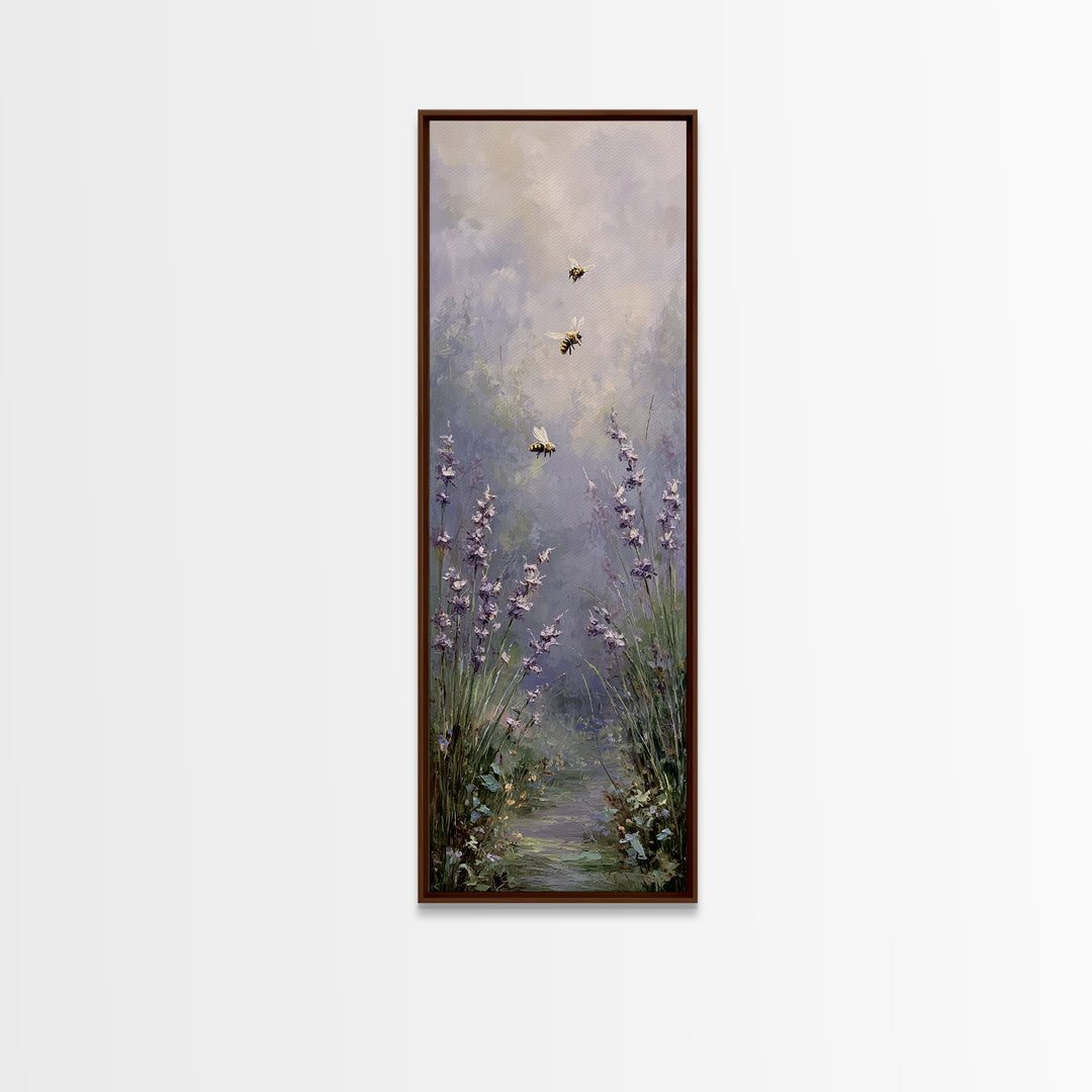 Bees Circling Lavender Blossoms Canvas Print, Nature Art, Framed Art, Living Room Decor, Fine Art, Nature, Botanical Art, NAT-1x3-59