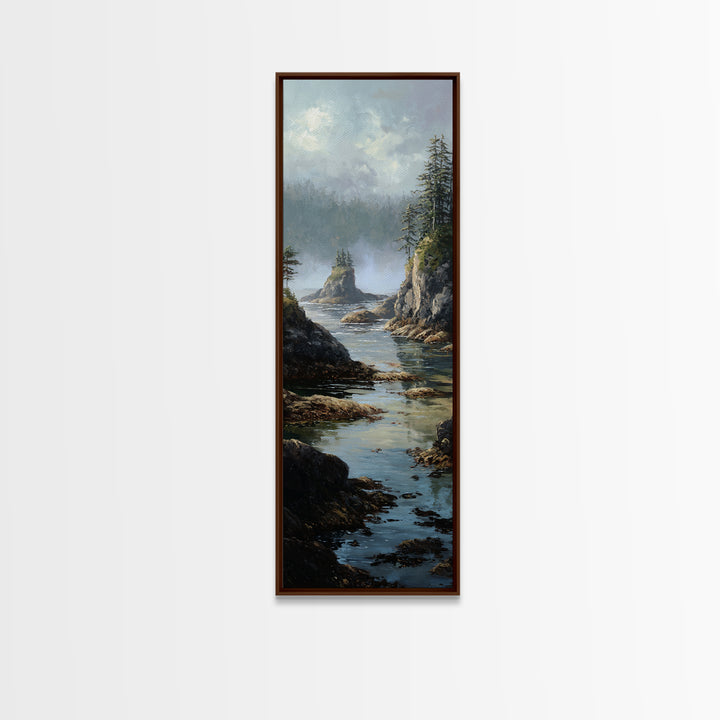 Calm Beach Tide Pooling Around Rocks Framed Canvas Print, Nature Art, Original Painting, Living Room Decor, Fine Art, Nature, NAT-1x3-84
