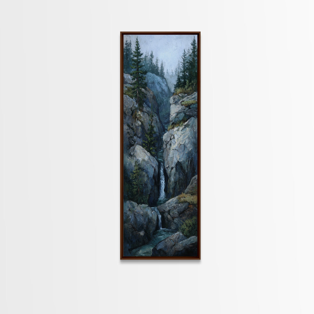 Waterfall Hidden Among Dark Green Rocks Framed Canvas Print, Nature Art, Botanical Art, Living Room Decor, Fine Art, Nature, NAT-1x3-87