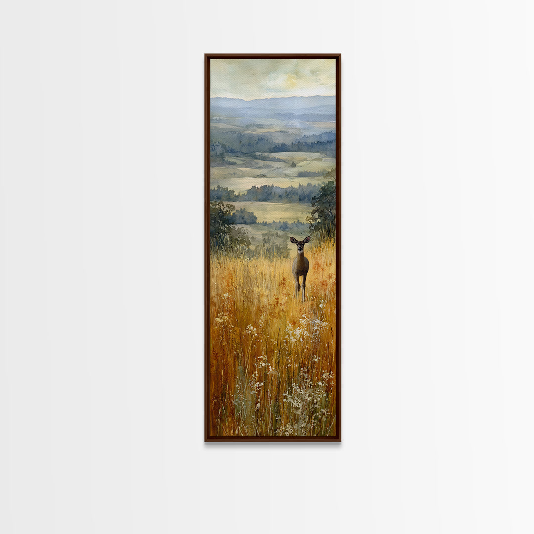 Deer Standing in a Golden Field Framed Canvas Print, Nature Art, Watercolor Painting, Living Room Decor, Fine Art, Nature, NAT-1x3-92