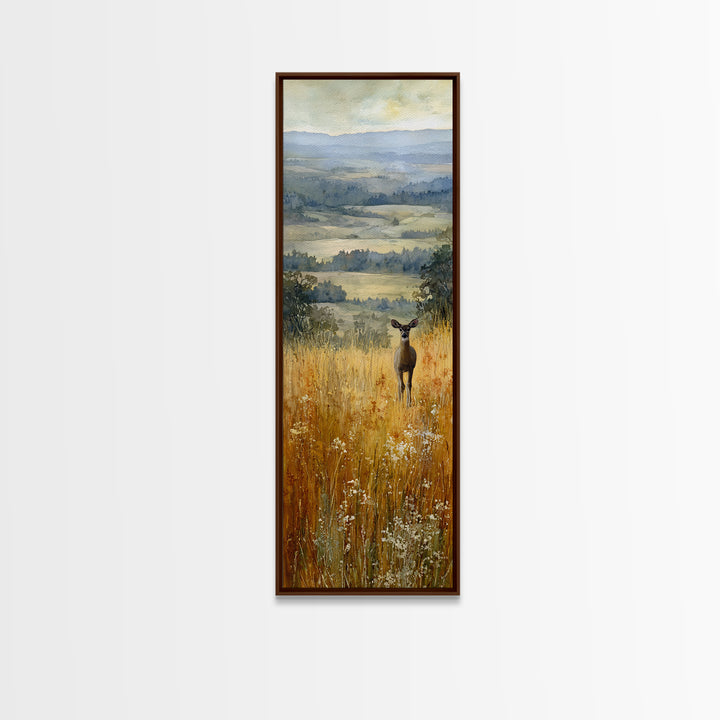 Deer Standing in a Golden Field Framed Canvas Print, Nature Art, Watercolor Painting, Living Room Decor, Fine Art, Nature, NAT-1x3-92