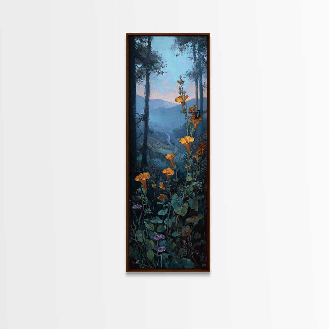 Hummingbird Beside Bright Trumpet Flowers Framed Canvas Print, Nature Art, Modern Wall Art, Living Room Decor, Fine Art, Nature, NAT-1x3-96