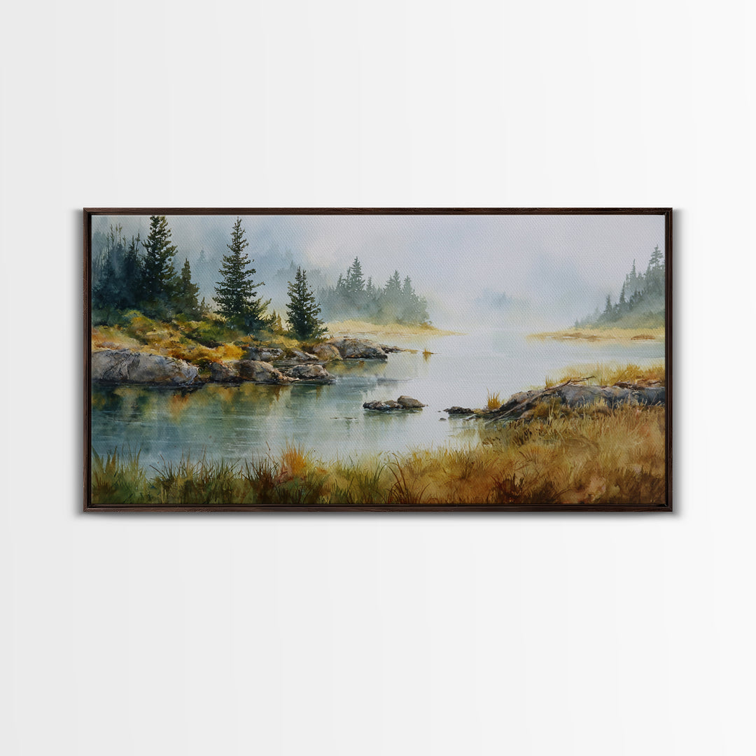 Misty Mountain Lake Framed Canvas Print, Nature Art, Home Decor, Living Room Decor, Oil Painting, Nature, Abstract Wall Art, NAT-2x1-1