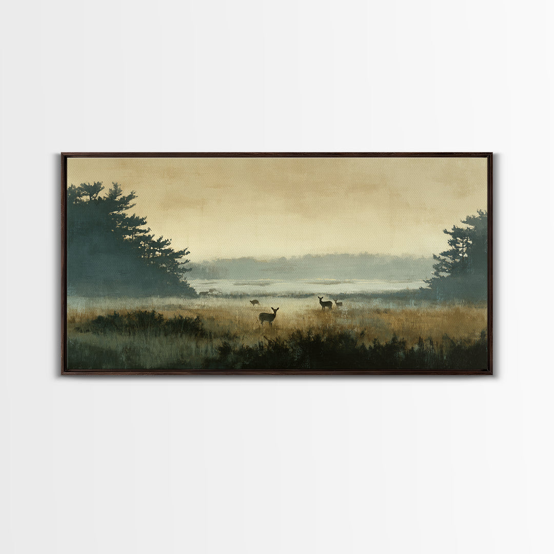 Deer Standing in a Golden Field Framed Canvas Print, Nature Art, Mountain Wall Art, Living Room Decor, Fine Art, Nature, NAT-2x1-100