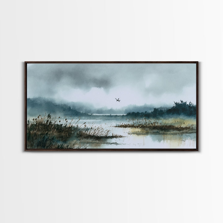 Dragonfly over a Pond with Reeds Framed Canvas Print, Nature Art, Fine Art Print, Living Room Decor, Watercolor Art, Nature, NAT-2x1-14