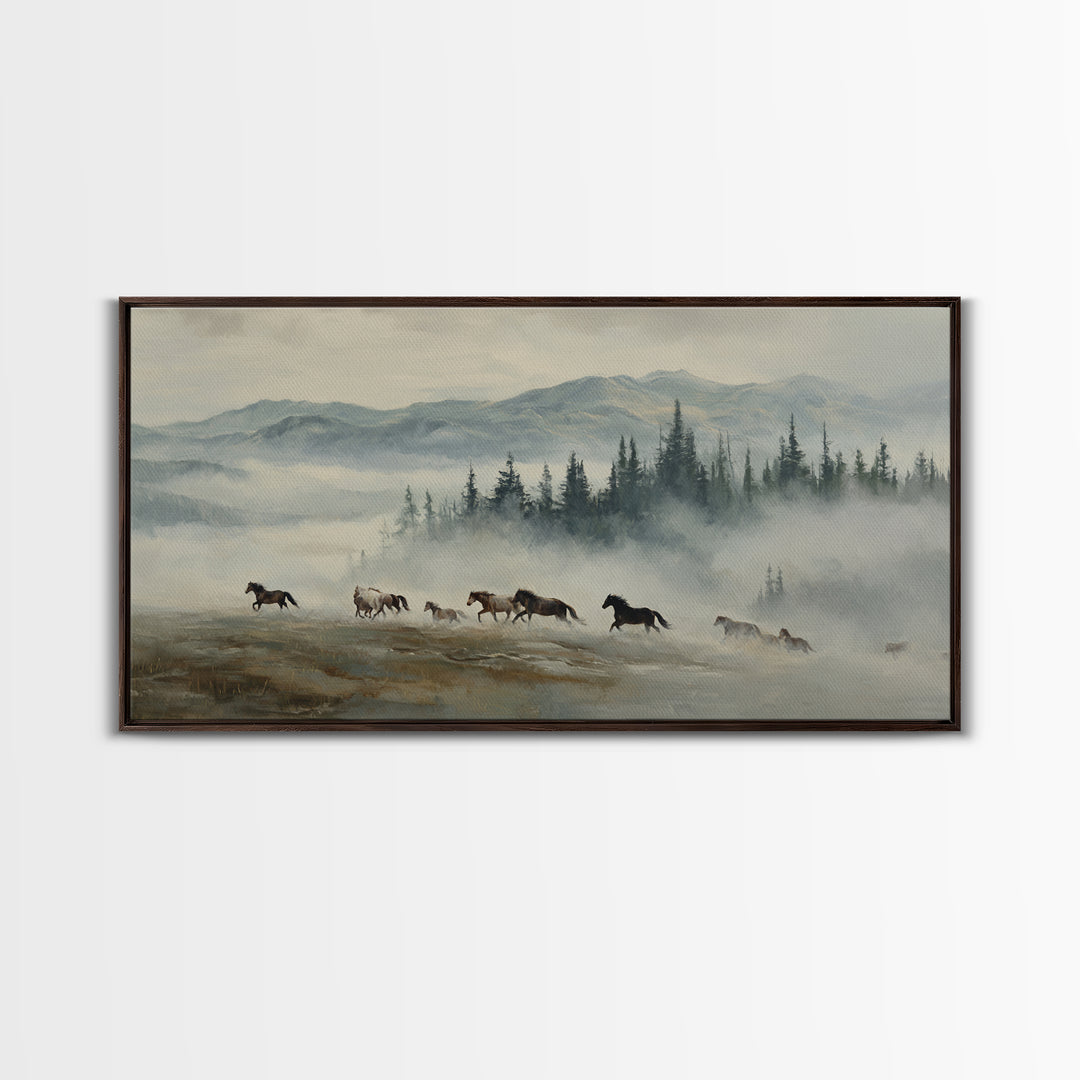 Wild Horses Running Near Mountain Ridge Framed Canvas Print, Nature Art, Statement Artwork, Living Room Decor, Fine Art, Nature, NAT-2x1-18
