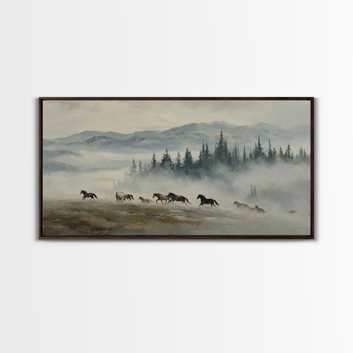 Wild Horses Running Near Mountain Ridge Framed Canvas Print, Nature Art, Statement Artwork, Living Room Decor, Fine Art, Nature, NAT-2x1-18