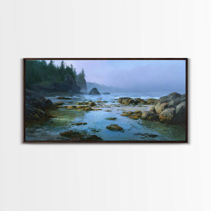 Calm Beach Tide Pooling Around Rocks Framed Canvas Print, Nature Art, Statement Artwork, Living Room Decor, Fine Art, Nature, NAT-2x1-20