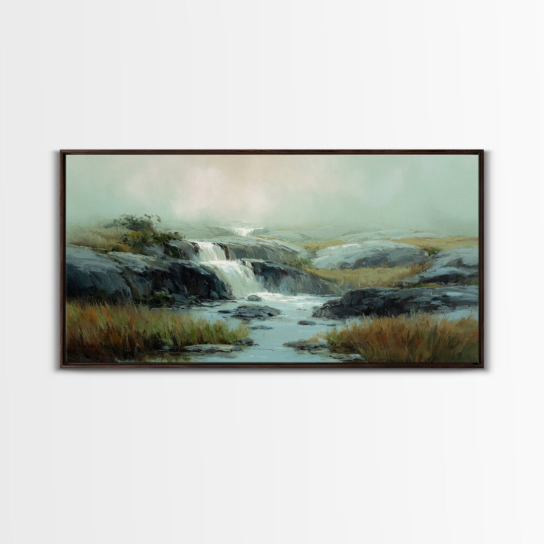 Waterfall Hidden Among Dark Green Rocks Framed Canvas Print, Nature Art, Mushroom, Living Room Decor, Watercolor Art, Nature, NAT-2x1-23