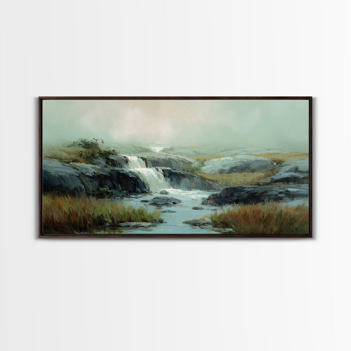 Waterfall Hidden Among Dark Green Rocks Framed Canvas Print, Nature Art, Mushroom, Living Room Decor, Watercolor Art, Nature, NAT-2x1-23