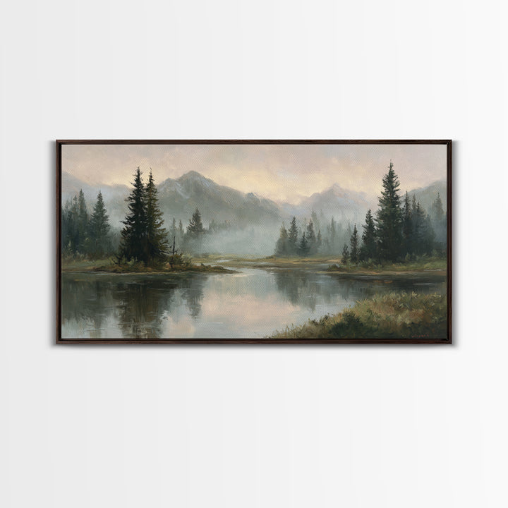 Misty Mountain Lake Framed Canvas Print, Nature Art, Home Decor, Living Room Decor, Oil Painting, Nature, Abstract Wall Art, NAT-2x1-25
