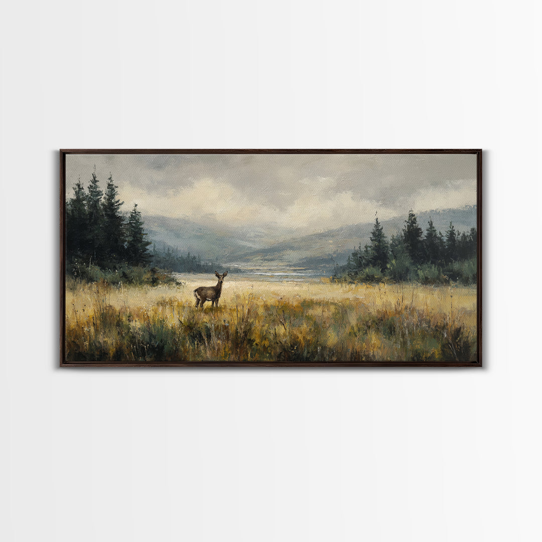 Deer Standing in a Golden Field Framed Canvas Print, Nature Art, Minimalist Decor, Living Room Decor, Fine Art, Nature, NAT-2x1-28