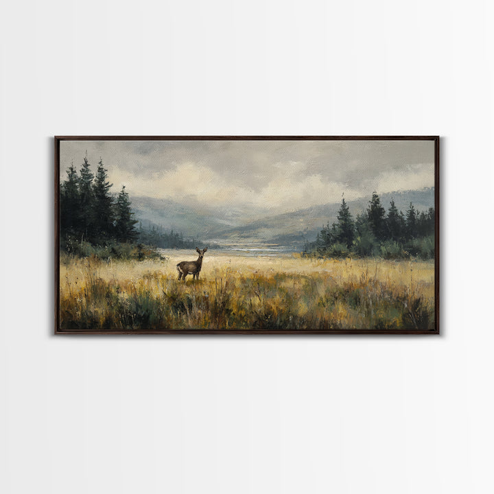 Deer Standing in a Golden Field Framed Canvas Print, Nature Art, Minimalist Decor, Living Room Decor, Fine Art, Nature, NAT-2x1-28