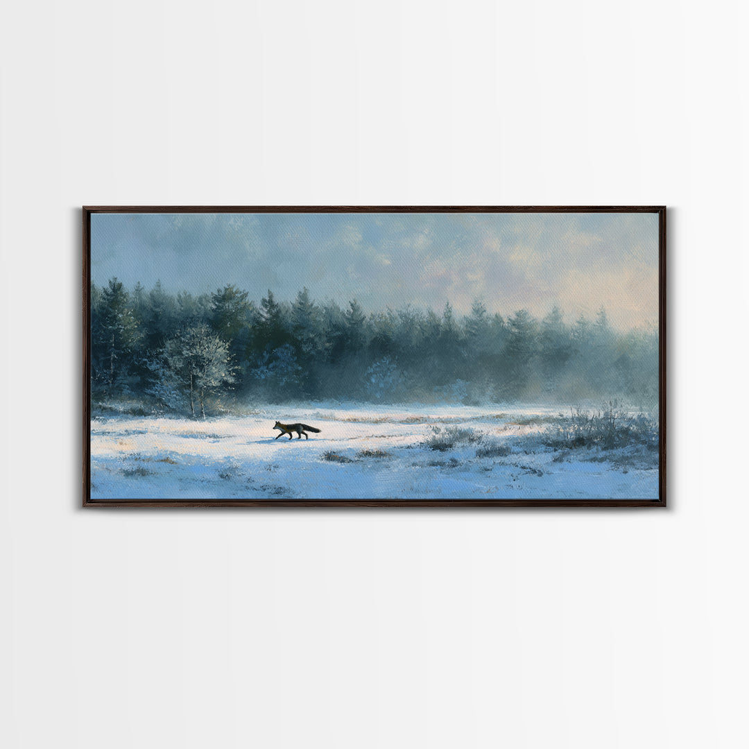 Fox Crossing a Snowy Forest Clearing Framed Canvas Print, Nature Art, Luxury Decor, Living Room Decor, Oil Painting, Nature, NAT-2x1-30
