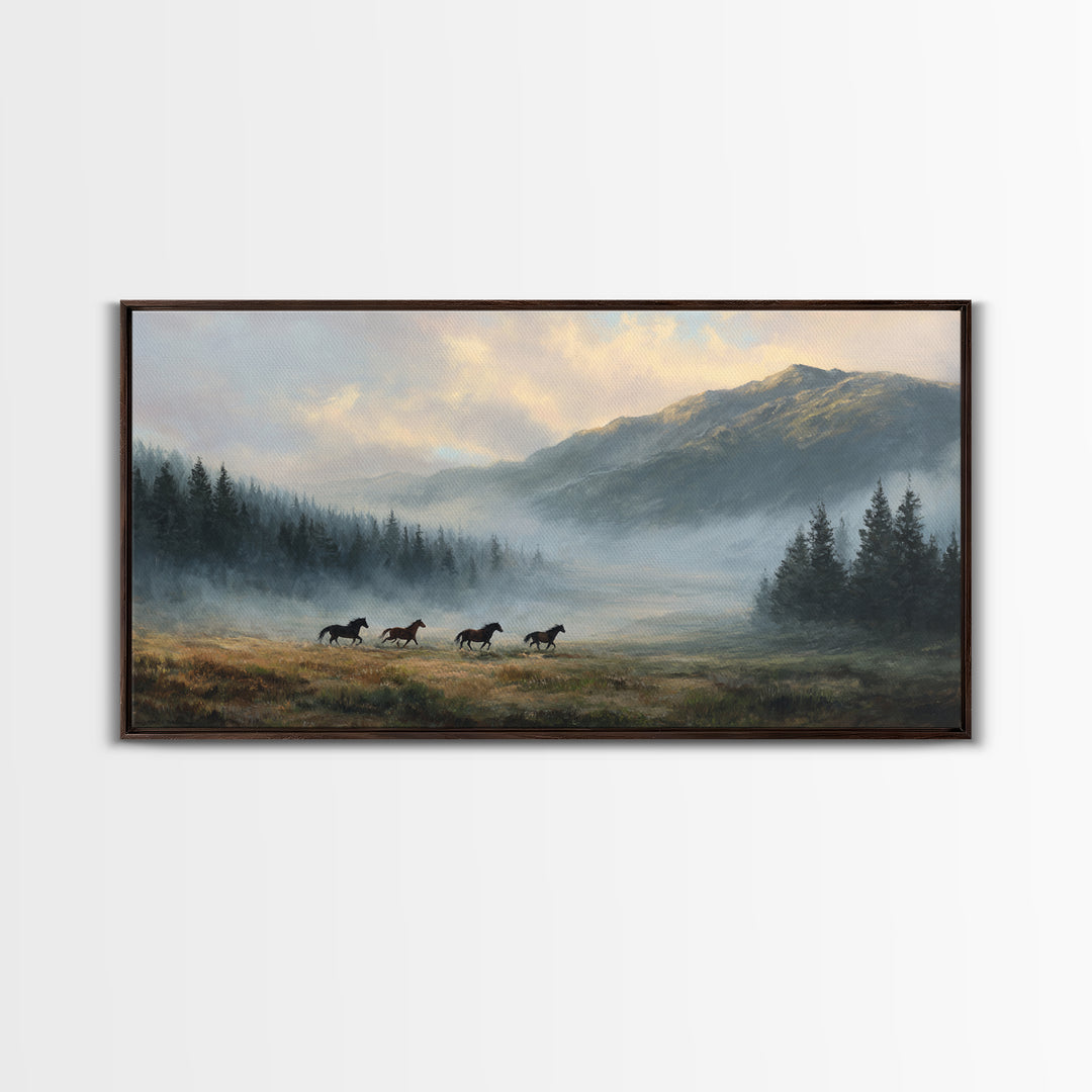 Wild Horses Running Near Mountain Ridge Framed Canvas Print, Nature Art, Statement Artwork, Living Room Decor, Fine Art, Nature, NAT-2x1-42
