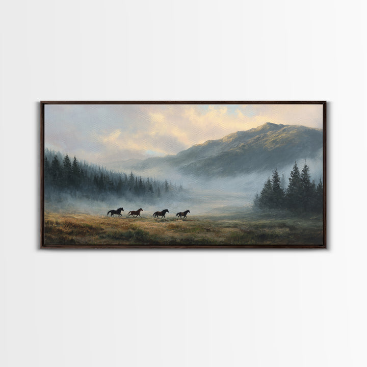 Wild Horses Running Near Mountain Ridge Framed Canvas Print, Nature Art, Statement Artwork, Living Room Decor, Fine Art, Nature, NAT-2x1-42