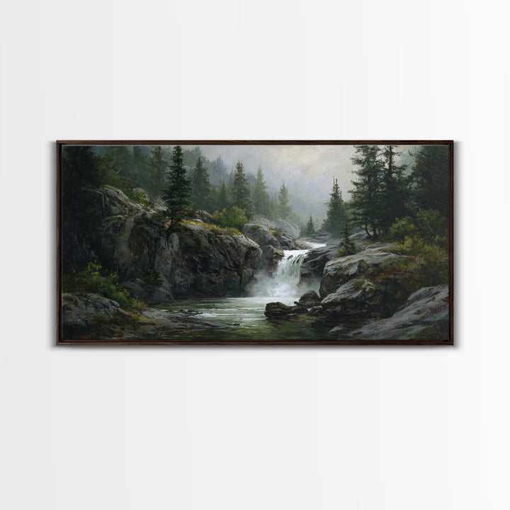 Waterfall Hidden Among Dark Green Rocks Canvas Print, Nature Art, Framed Art, Living Room Decor, Oil Painting, Nature, NAT-2x1-47