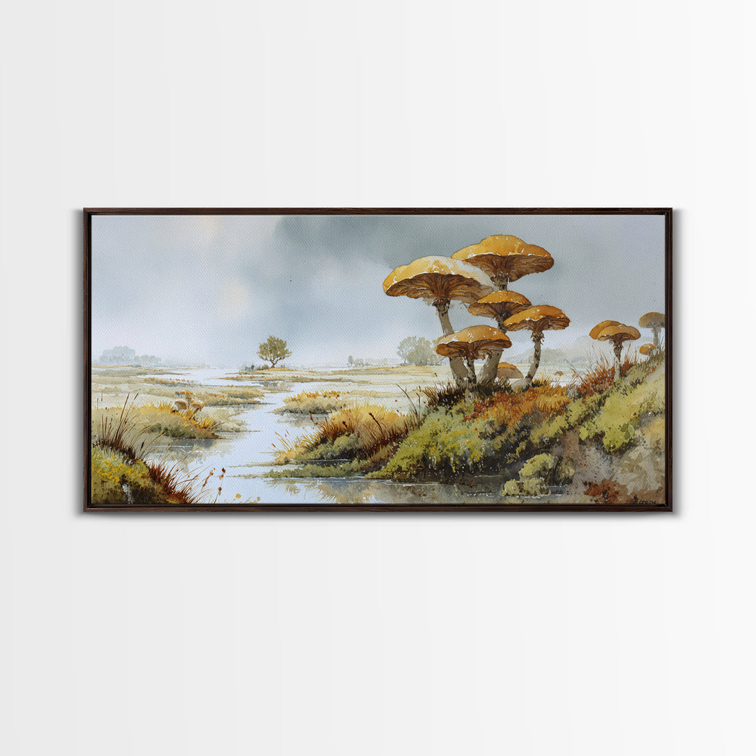 Mushroom Cluster in Enchanted Woodland Framed Canvas Print, Nature Art, Wood Wall Art, Living Room Decor, Watercolor Art, NAT-2x1-51
