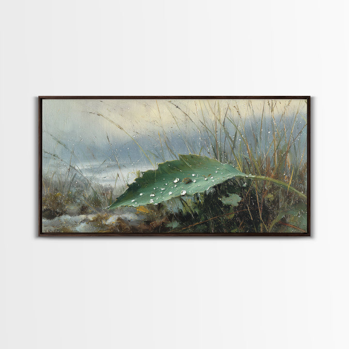 Rain Drops on a Large Green Leaf Canvas Print, Nature Art, Wall Hangings, Living Room Decor, Watercolor Art, Nature, NAT-2x1-53