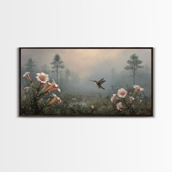 Hummingbird Beside Bright Trumpet Flowers Framed Canvas Print, Nature Art, Painting, Living Room Decor, Fine Art, Nature, NAT-2x1-56