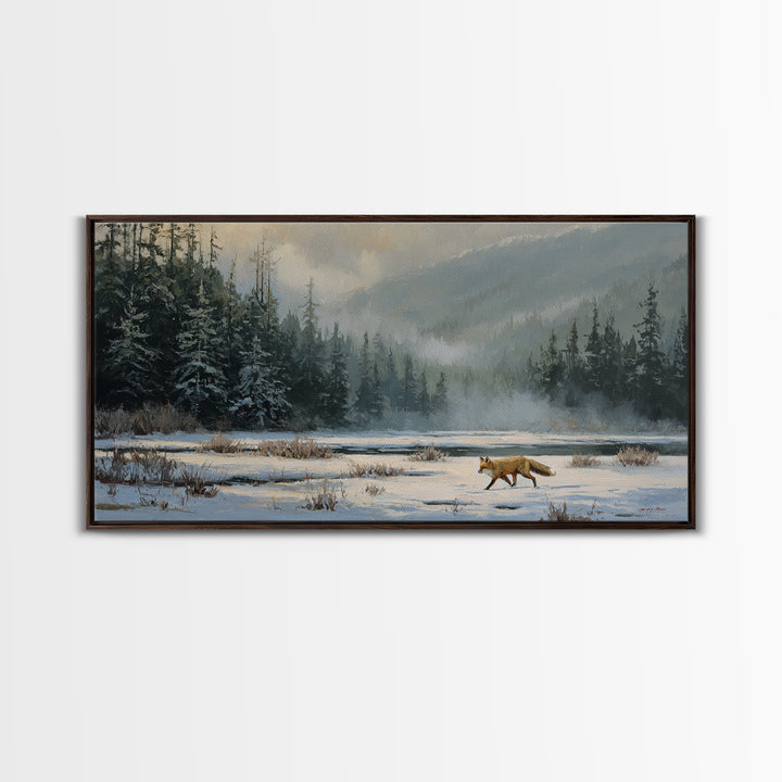Fox Crossing a Snowy Forest Clearing Framed Canvas Print, Nature Art, Luxury Decor, Living Room Decor, Oil Painting, Nature, NAT-2x1-6