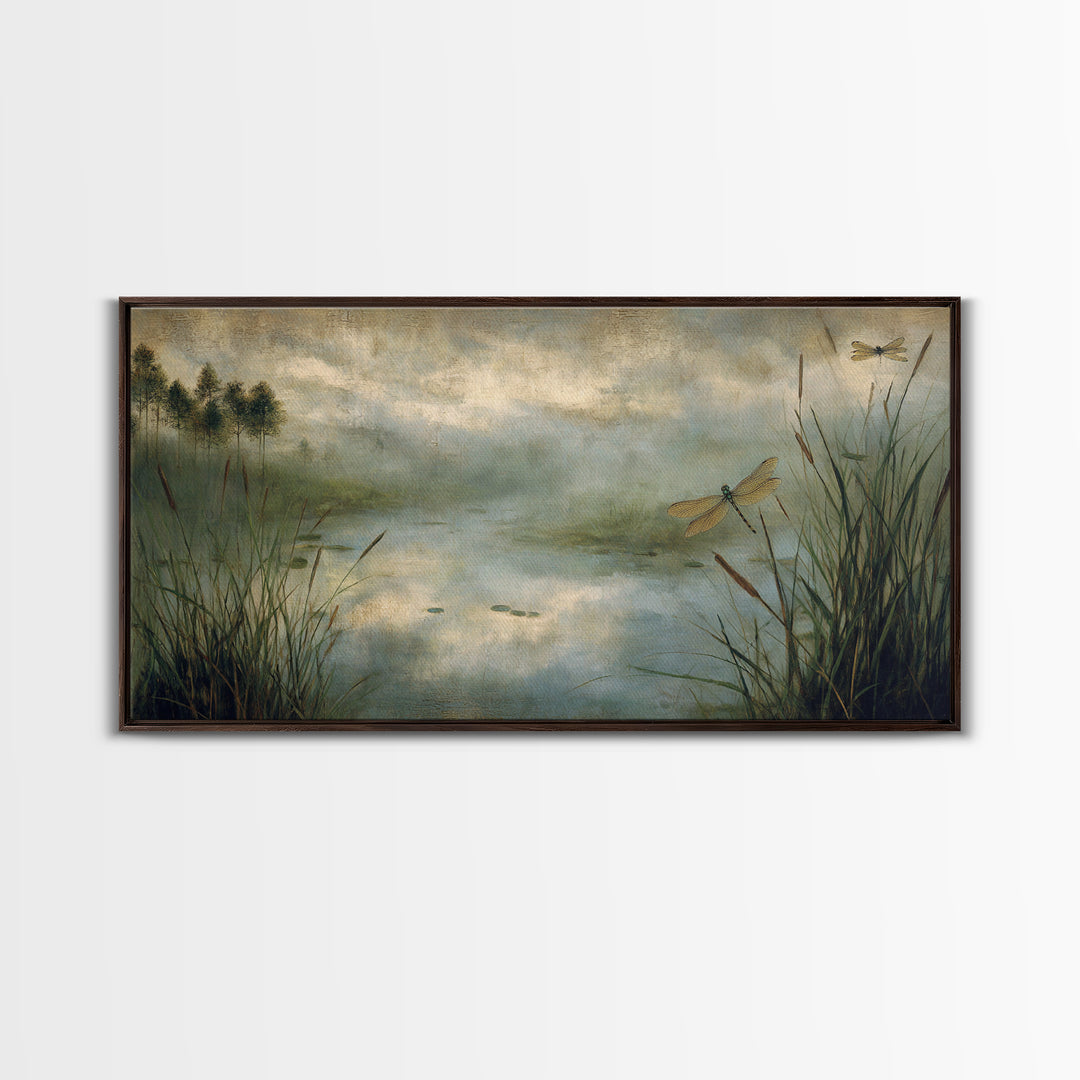Dragonfly over a Pond with Reeds Canvas Print, Nature Art, Room Decor, Living Room Decor, Oil Painting, Nature, Wall Hangings, NAT-2x1-62