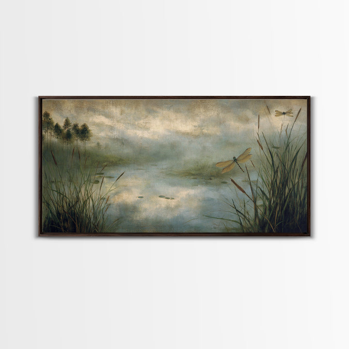Dragonfly over a Pond with Reeds Canvas Print, Nature Art, Room Decor, Living Room Decor, Oil Painting, Nature, Wall Hangings, NAT-2x1-62