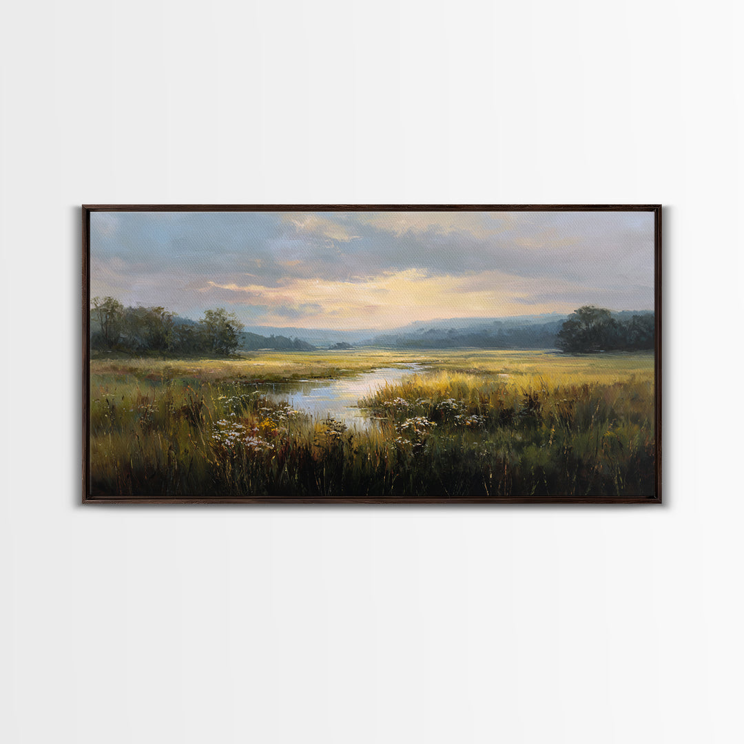 Sunrise Through Tall Grass and Wildflowers Framed Canvas Print, Nature Art, Poster, Living Room Decor, Watercolor Art, Nature, NAT-2x1-7