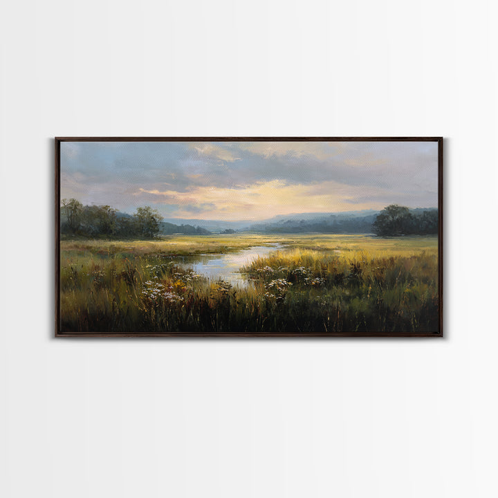 Sunrise Through Tall Grass and Wildflowers Framed Canvas Print, Nature Art, Poster, Living Room Decor, Watercolor Art, Nature, NAT-2x1-7