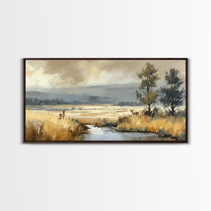 Deer Standing in a Golden Field Canvas Print, Nature Art, 3d Wall Art, Living Room Decor, Fine Art, Nature, Nature Wall Art, NAT-2x1-76