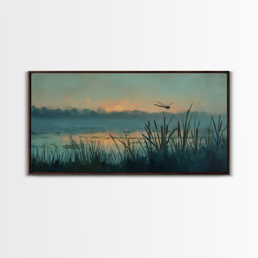 Dragonfly over a Pond with Reeds Framed Canvas Print, Nature Art, Home Decor, Living Room Decor, Nature, Abstract Wall Art, NAT-2x1-86