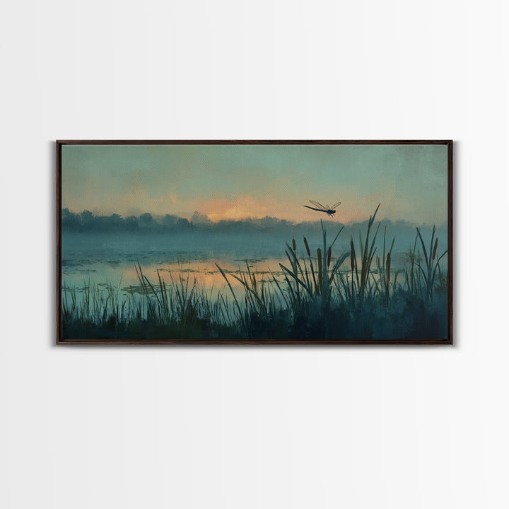 Dragonfly over a Pond with Reeds Framed Canvas Print, Nature Art, Home Decor, Living Room Decor, Nature, Abstract Wall Art, NAT-2x1-86