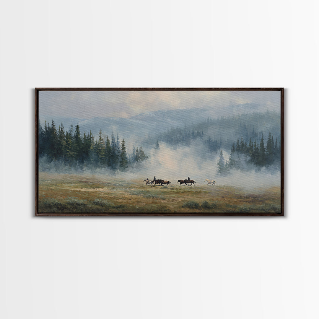 Wild Horses Running Near Mountain Ridge Framed Canvas Print, Nature Art, Poster, Living Room Decor, Fine Art, Nature, NAT-2x1-90
