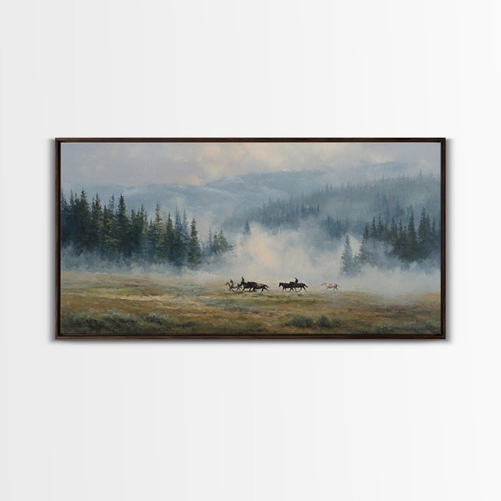 Wild Horses Running Near Mountain Ridge Framed Canvas Print, Nature Art, Poster, Living Room Decor, Fine Art, Nature, NAT-2x1-90